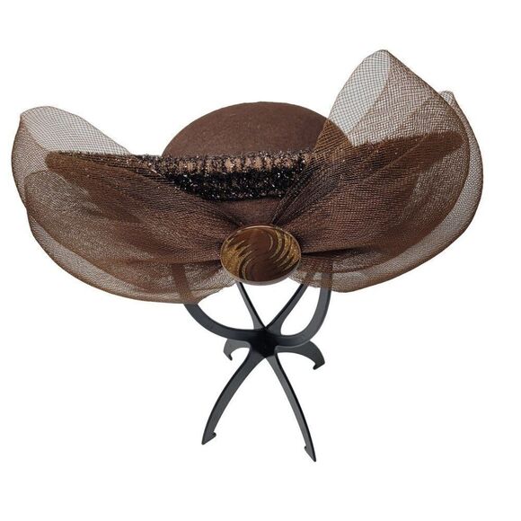 Vintage Unique Rare Wool Church Hat Bumper Halo‎ Brown Netted Bow Chocolate main image 8